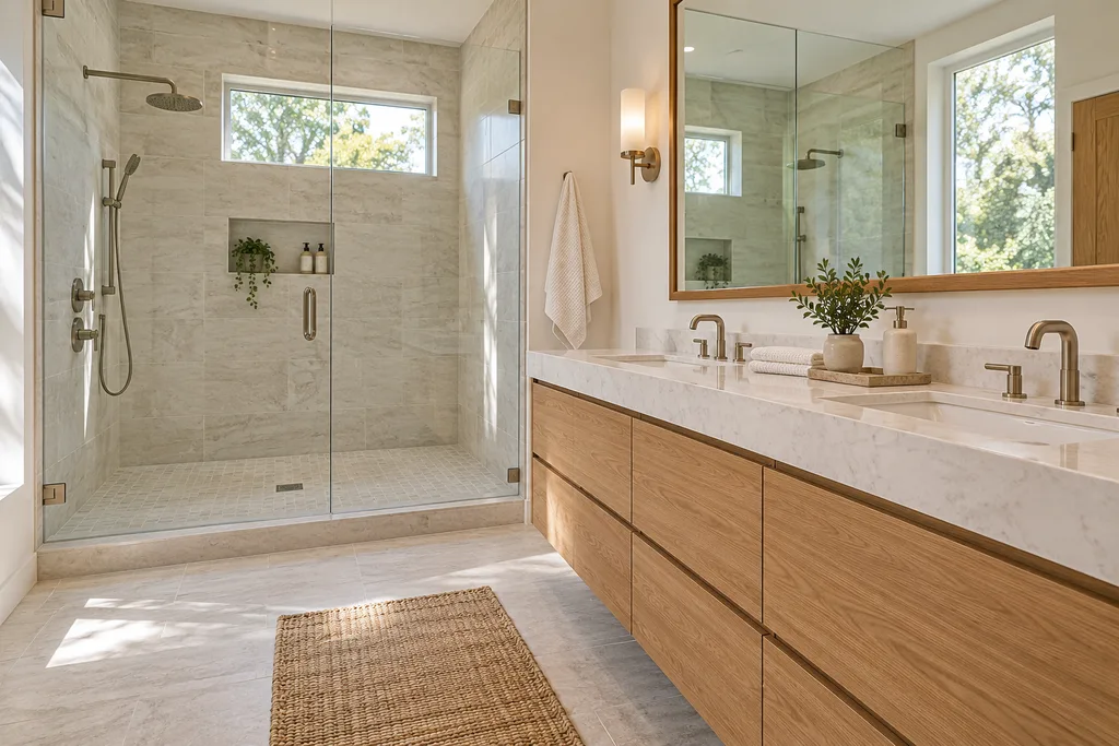 AI-generated bathroom concept with a spacious glass shower, warm wood vanity and soft daylight