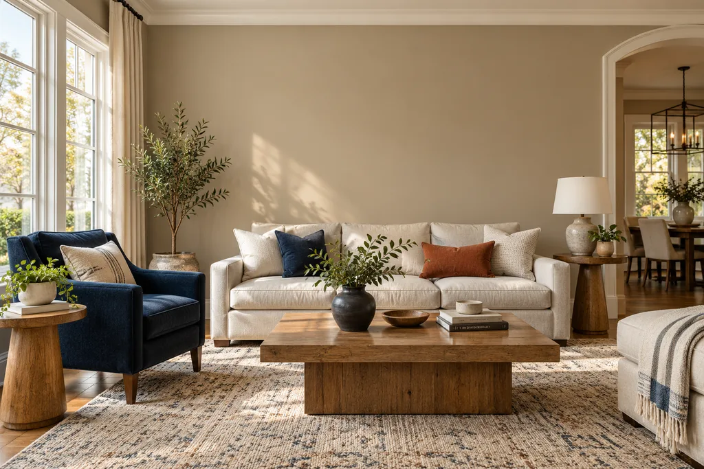 AI-generated living room with illustrative warm taupe walls, cream trim and navy accents; not an exact paint sample