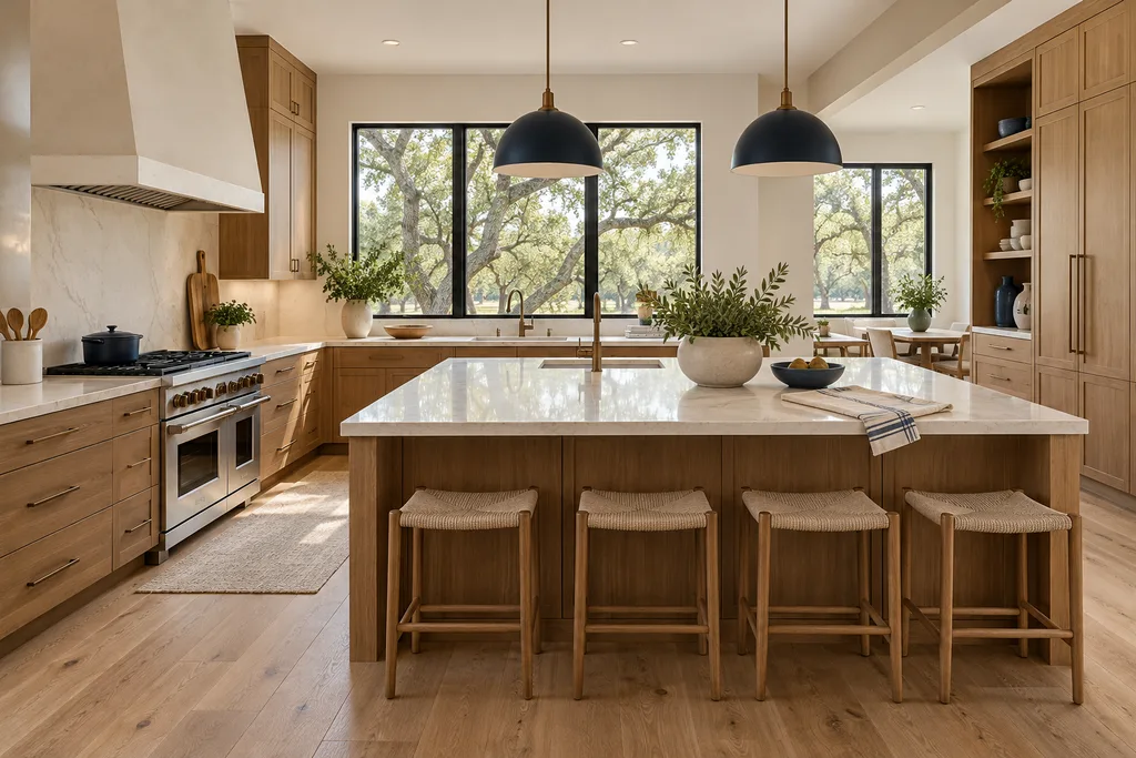 Illustrative AI-generated kitchen with warm oak cabinets, cream island and built-in storage